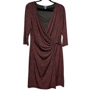 American Living Animal Print Faux Wrap Surplice Career Black and Maroon Dress